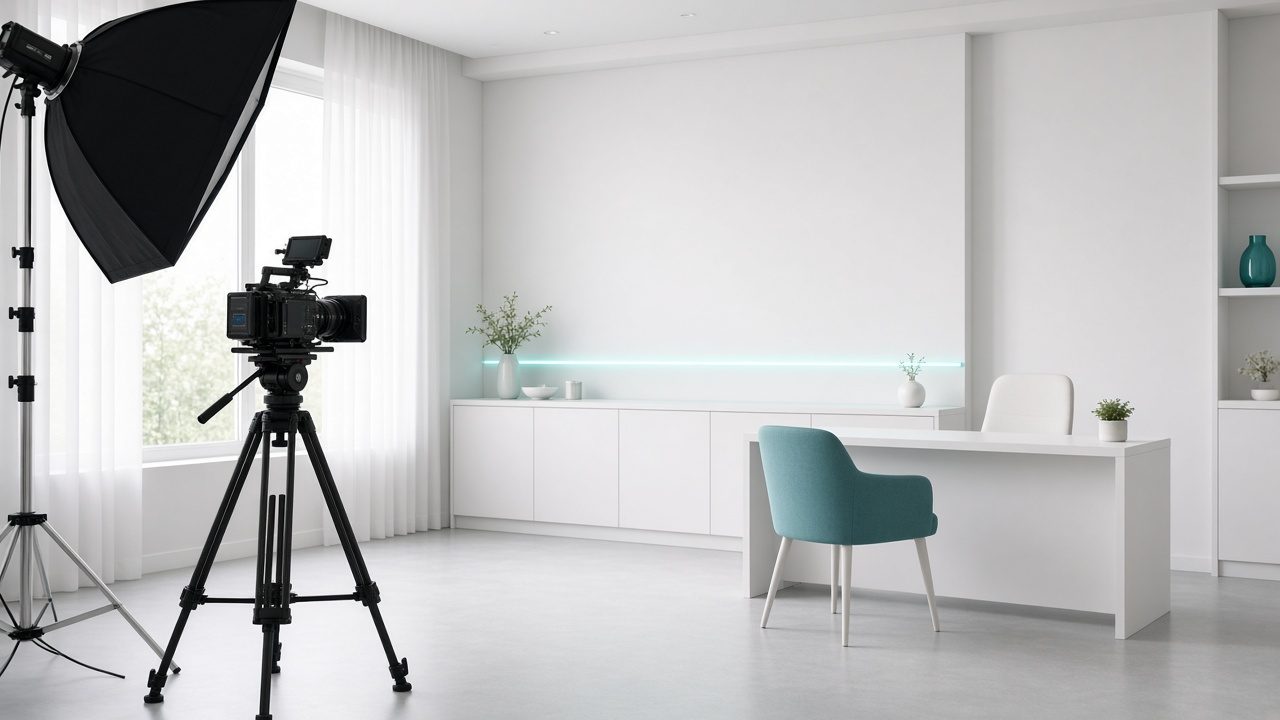 Helles Videostudio mit Kamera und Softbox